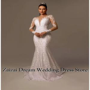 맞춤형 우아한 O넥 버튼업 백 롱 슬리브 비딩 아플리케 머메이드 웨딩 드레스 베스티도 데 노이바