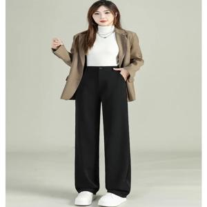 하이웨이스트 기모 블랙 수트 팬츠 여성 캐주얼 스트레이트 레그 워크웨어 바지 가을 겨울 고품질