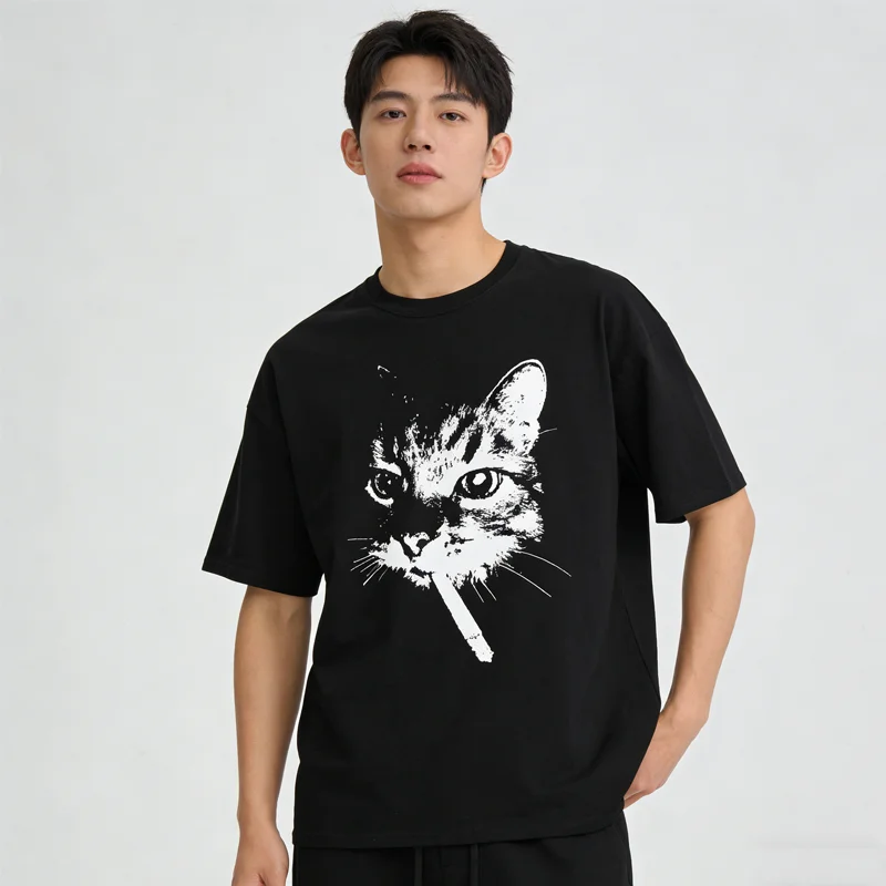 새로운 고품질 의류 미국 스트리트 스모킹 캣 레트로 트렌디 개성 프린트 티셔츠 남성용 오버사이즈 반팔