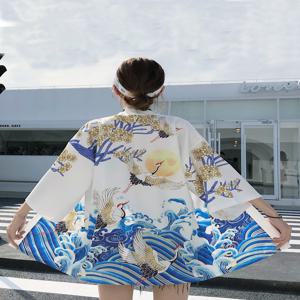 여름 일본 레트로 우키요에 크레인 프린트 기모노 오픈 가디건 유카타 루즈한 3/4 소매 판초 트렌드