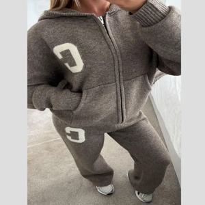 패션 니트 후드 가디건 팬츠 세트 여성 루즈핏 지퍼 긴팔 재킷 스트레이트 바지 2025 가을 신상 여성 투피스 세트