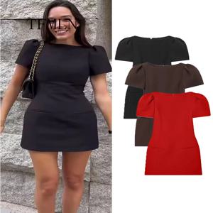 여성용 짧은 퍼프 소매 드레스 스타일리시 슬림핏 솔리드 포켓 우아한 지퍼 미니 드레스 패션 신상 여성 오피스룩