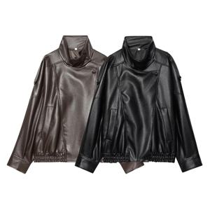 2025 겨울 신상 여성 캐주얼 패션 심플 루즈 스탠드 칼라 긴팔 자켓 인조 가죽 코트