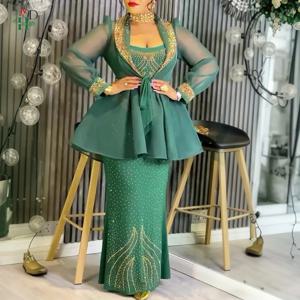 H&D 2026 2피스 세트 다쉬키 아프리카 여성 의류 다이아몬드 이브닝 가운 플러스 사이즈 터키 웨딩 파티 롱 드레스 (코트 포함)