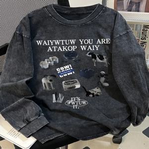 워싱된 긴팔 티셔츠 남녀 공용 캐주얼 탑 빈티지 스타일 해외 주문 상품 태그 제거 커플룩