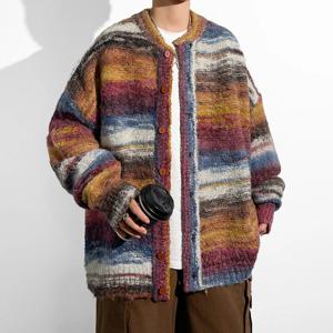 가을 겨울 신상 남성 니트 스웨터 라운드넥 레트로 스트라이프 루즈핏 오픈 가디건 패셔너블 다용도 젊은 감각