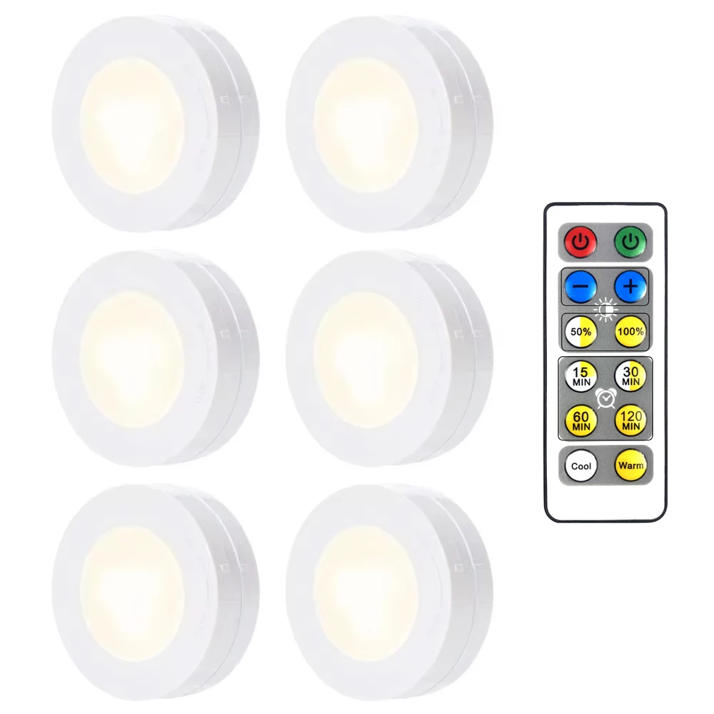 LED 퍽 라이트 무선 캐비닛 조명 아래 원격 제어 디밍이 가능한 배터리 구동 야간 램프 주방 옷장 옷장