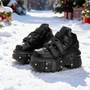 2025 새로운 펑크 스타일 여성 신발 레이스 업 힐 높이 6CM 플랫폼 신발 여성 금속 장식 여성 스니커즈 고딕 발목 락 부츠