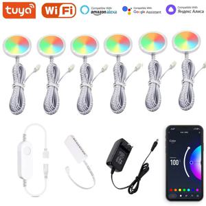 DC12V Tuya WIFI RGB LED 캐비닛 조명 아래 디밍이 가능한 퍽 라이트 축제 주방 카운터 가구 장식 Alice Alexa Google 홈