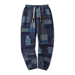 유로 사이즈 남성 캐주얼 코튼 린넨 바지 페이즐리 에스닉 프린트 미드 웨이스트 드로스트링 클로저 봄/가을 캐주얼 바지