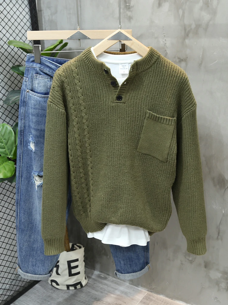 남성용 헨리넥 니트웨어 따뜻한 단색 베이스 레이어 긴팔 캐주얼 스타일 폴리에스터 섬유 레귤러 핏 가을 겨울