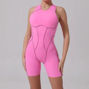 패드 나일론 여성 바디 슈트 피트니스 요가 세트 스플 라이스 대비 색 노출 V 엉덩이 원피스 반바지 점프 슈트 체육관 스포츠 푸시 업