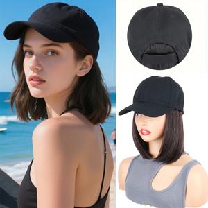 12인치 합성 야구 모자 헤어 익스텐션 짧은 스트레이트 보브 조절 가능한 모자 가발 일상 파티 여성용 간편 착용