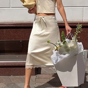 Talenza 레이스 보더 스커트 여성 패션 레이스 업 하이 웨이스트 솔리드 패치 워크 스커트 여름 여성 Office 레이디 우아한 세련된 스커트