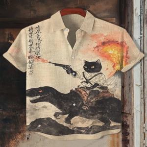 패션 남성 여름 하와이안 셔츠 빈티지 캘리그라피 고양이 공룡 3D 프린트 셔츠 반팔 캐주얼 비치 셔츠 남성 블라우스