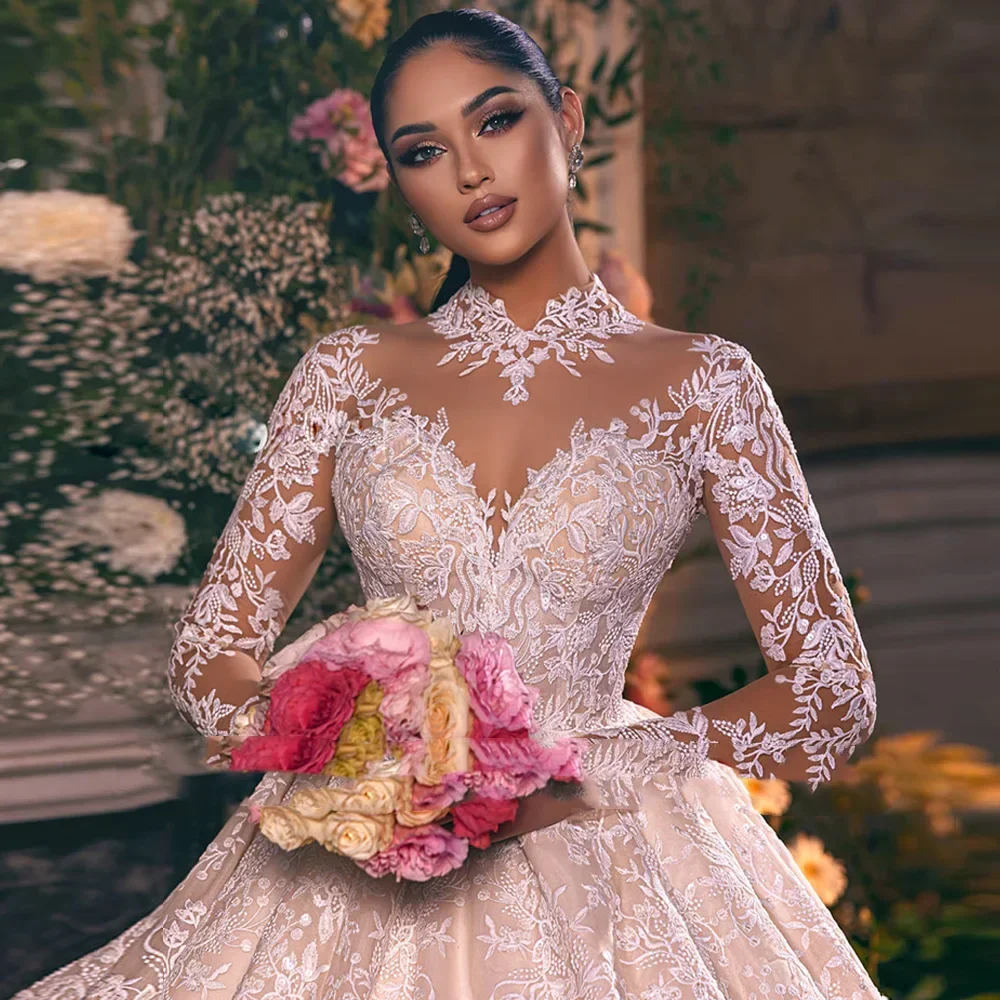 맞춤형 긴팔 볼 가운 웨딩드레스 2025 O넥 프린세스 일루전 브라이덜 가운 럭셔리 로브 마리아쥬 베스티도스 노비아