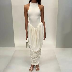 Blifanbo Pleated 우아한 O 넥 맥시 드레스 여성용 오프 숄더 패션 슬림 피트 민소매 패치 워크 섹시한 클럽 파티 드레스