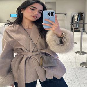 시크 스탠드 칼라 울 롱 재킷 벨트 여성 2025 가을 울 혼방 코트 패션 여성 싱글 브레스티드 아우터웨어 스트릿