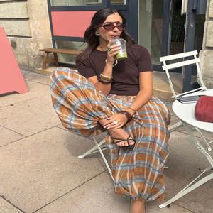 HH 여성 가을 신상 라미 블루머 체크 프린트 루즈 팬츠 여성 패션 다용도 드로스트링 스트리트웨어 캐주얼 바지