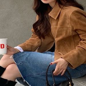 시크한 가을 빈티지 스타일 칼라 가죽 벨벳 루즈핏 다용도 지퍼 숏 롱 슬리브 재킷 여성 캐주얼 스트레이트 레깅스