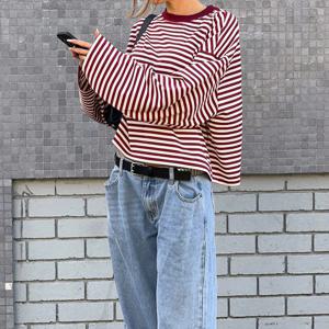 여성 y2k 빈티지 스트라이프 크롭 티셔츠 드롭 숄더 긴 소매 크루넥 스웨트 페어리 그런지 스웨터 탑 스트리트웨어