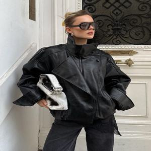 여성 가을 우아한 스트리트 스타일 코트 여성 비대칭 버튼 포켓 긴 소매 블랙 루즈 지퍼 슬림 재킷