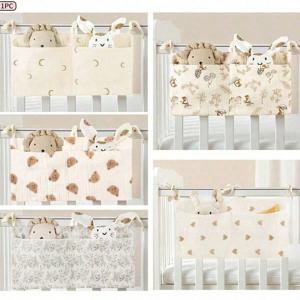 1개의 아기 침대 옆 수납 걸이 가방, 이중 포켓 수납, 침대 옆 걸이 가방 - 기저귀 수납 - 유모차 걸이 가방, 다양한 물품 보관 가능, 침대 레일 수납 침대 정리 가방.