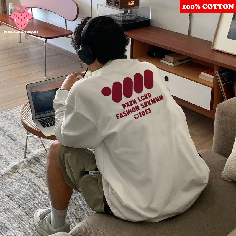 미국 캐주얼 화이트 티셔츠 남성용 가을 2025 신상 100% 면 오버사이즈 긴팔 스포츠 짐 티셔츠 Y2k 탑스 남성 의류