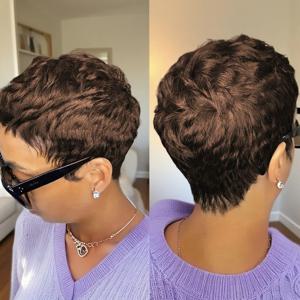 짧은 픽시컷 가발 앞머리 포함 인모 180 밀도 여성용 기계 제작 가발