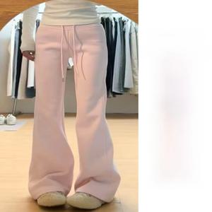 핑크 하이웨이스트 플리스 안감 플레어 캐주얼 팬츠 여성용 가을 겨울 신상 슬림핏 드레이프 스포티 스웨트팬츠