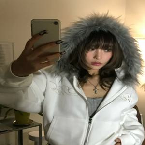 두꺼운 자수 레터 후드 스웨트셔츠 재킷 퍼 칼라 스트리트 스타일 캐주얼 아우터웨어 가을 및 겨울용