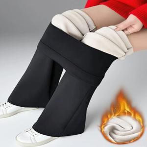 여성용 블랙 울 안감 벨 바닥 바지 1쌍 - 플러시 안감이 있는 겨울 두꺼운 바지, 플러시 안감이 있는 따뜻한 타이트한 바지