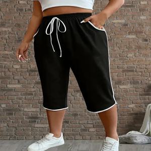 플러스 사이즈 1XL-5XL 여성 패션 편안한 신축성 3/4 바지 여성용 캐주얼 솔리드 컬러 기능성 포켓 바지