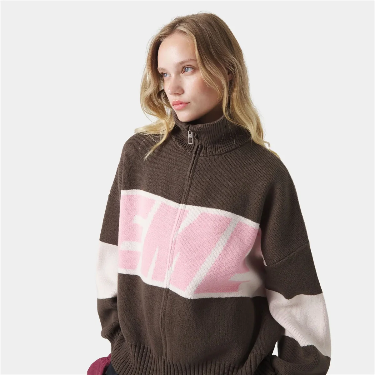 레트로 스플라이스드 ​ ​ 지퍼 니트 스웨터 여성 패션 스탠드 칼라 긴팔 루즈 숏 가디건 레이디 Y2K 레터 니트웨어