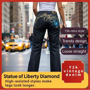미국 레트로 자유의 여신상 다이아몬드 청바지 캐주얼 데님 팬츠 로우 웨이스트 스트레이트 와이드 레그 청바지 하라주쿠 Y2K 여성 의류