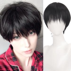 짧은 머리 합성 남성용 롤플레잉 가발 내열성 불꽃 펌 짧은 곱슬머리 내추럴 블랙 데일리 가발