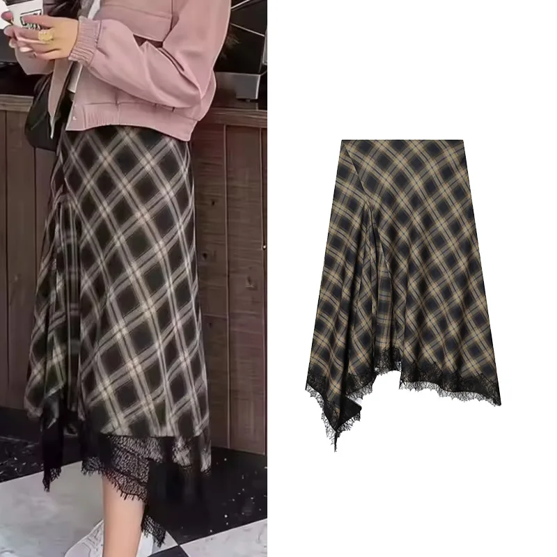 힙심 여성 체크 레이스 스커트 봄 여름 캐주얼 미드 웨이스트 여성용 사이드 지퍼 스커트 비대칭 밑단 여성 시크 스커트