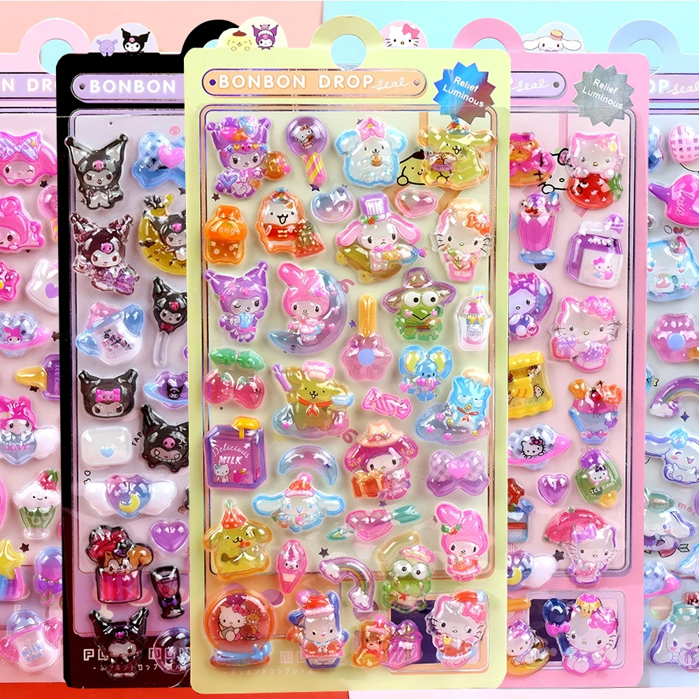 카와이 쿠로미 시나모롤 마이 멜로디 3D 입체 스티커 귀여운 산리오 야광 크리스탈 스티커 장난감 보상 장식 데칼 선물