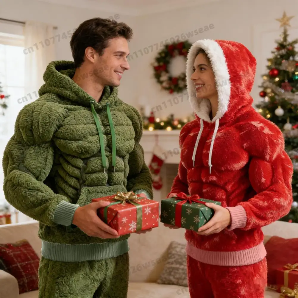 남성용 머슬 후디 플란넬 3D 프린트 후드 스웨트셔츠 캥거루 포켓 포함 크리스마스 코스튬 스트리트웨어용 헝키 펀니 풀오버