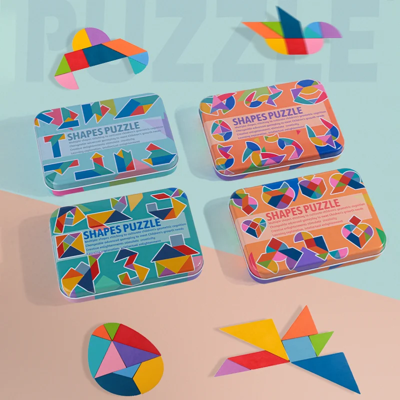 창의적인 다채로운 다리미 상자 탱그램, 어린이 조기 교육, 하트, 계란 모양, 9 탱그램, 나무 DIY 대형 퍼즐 장난감