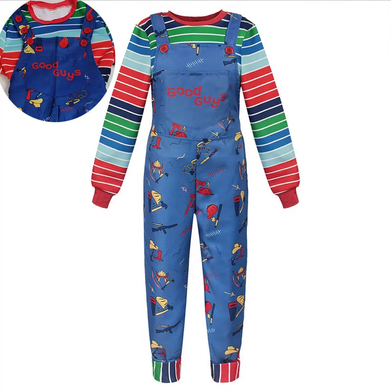 Chucky 작업복 할로윈 의상을위한 줄무늬 셔츠와 점프 슈트가있는 성인 Chucky 코스프레 의상