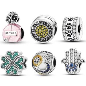 S925 실버 향수병 별 달 태양 네잎 클로버 참 비즈 오리지널 팔찌 여성 DIY 쥬얼리 제작용