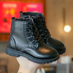 어린이 캐주얼 부츠 PU 가죽 블랙 지퍼 소년 소녀 크로스 묶인 어린이 발목 높은 부츠 미끄럼 방지 라운드 발가락 부드러운 품질