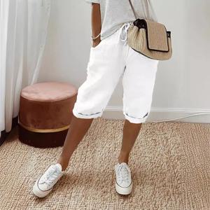 코튼 및 린넨 포켓 탄성 캐주얼 바지 여성용, 유럽 및 미국 크로스 보더, 5 쿼터 바지, 여름 신상