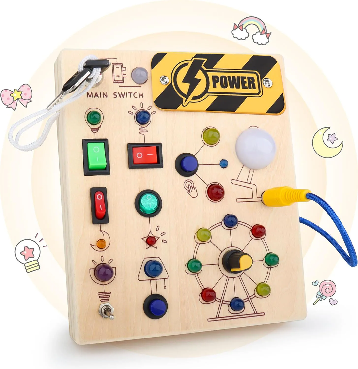 스위치 제어 기능이있는 몬테소리 바쁜 보드 나무 유아 장난감 감각 여행 활동 어린이를위한 장난감 퍼즐 조기 학습 장난감