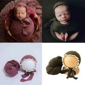 아기 비니 모자 소년 소녀 레이스 모자 + 스트레치 랩 담요 신생아 사진 소품 모자