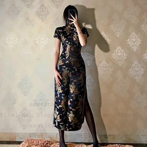 중국 전통 원피스 긴 섹시 스플릿 치파오 레이디 새틴 자카드 치파오 블랙 다크 고딕 드레스, 나이트 클럽웨어 드레스
