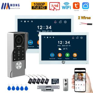 2선 비디오 도어폰 HD 1080P 투야 와이파이 비디오 인터콤 스마트 홈 도어벨 카메라 7인치 컬러 터치 스크린 비밀번호 잠금 해제 도어
