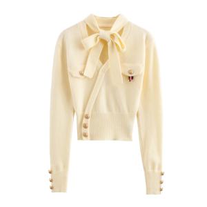 JNLEAOG 가을 신상 패셔너블 캐주얼 니트 스웨터 여성용 오버헤드 넥타이 탑 폴리에스터 섬유 긴팔 브이넥 숏 스타일