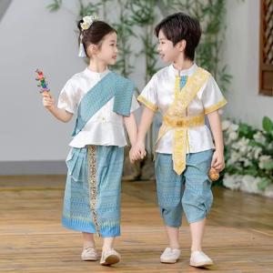 태국 미얀마 소년 소녀 다이 의류 물 튀는 날 어린이 민족 의류 다이 성능 의류 세트 아이를위한